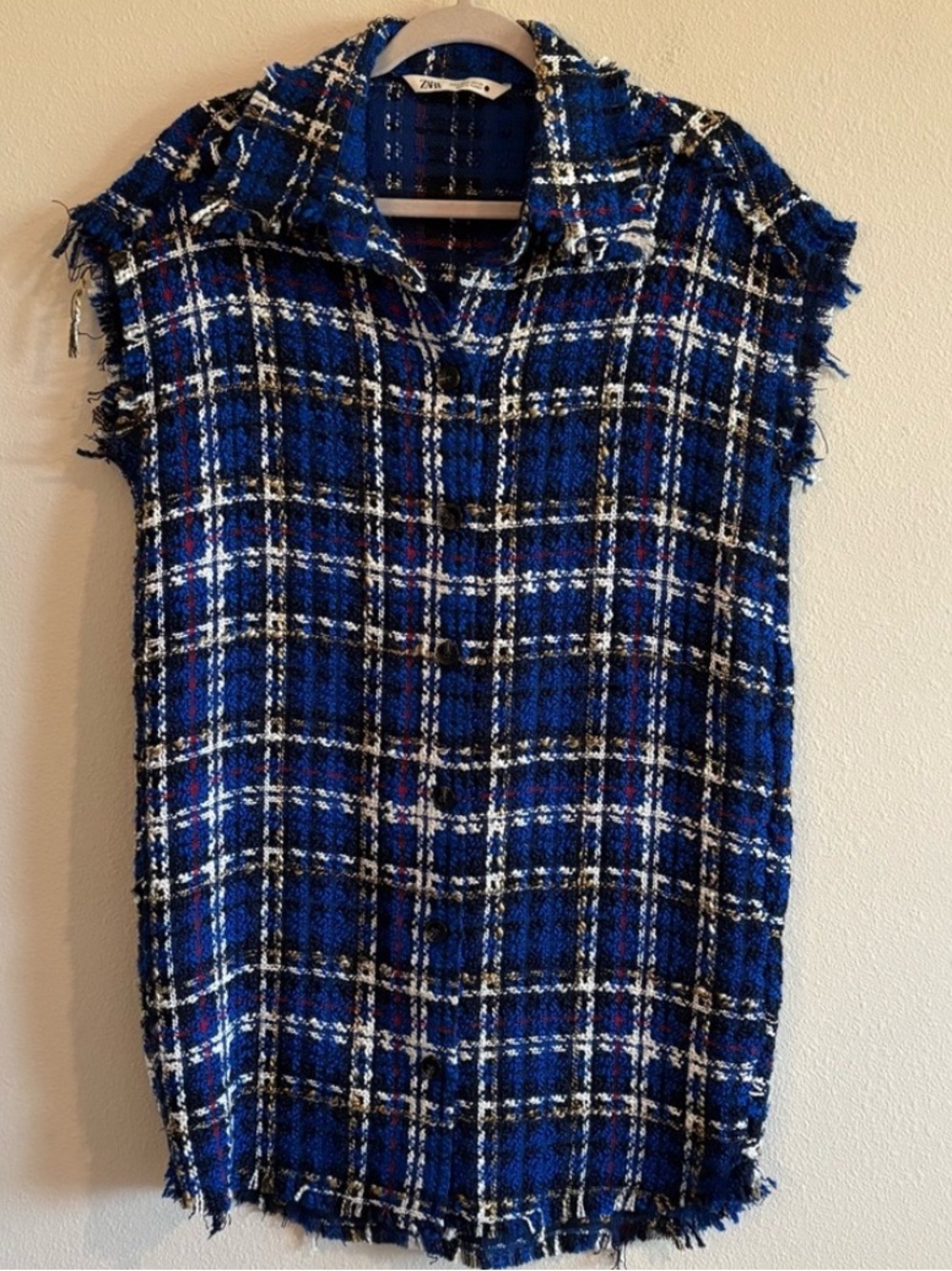 ZARA Blue Plaid Tweed Textured Sleeveless Button-Up dress, S - Picture 5 of 10